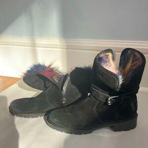Sam Edelman women’s size 6.5 Jeanie Black Leather Boots faux fur lining multi